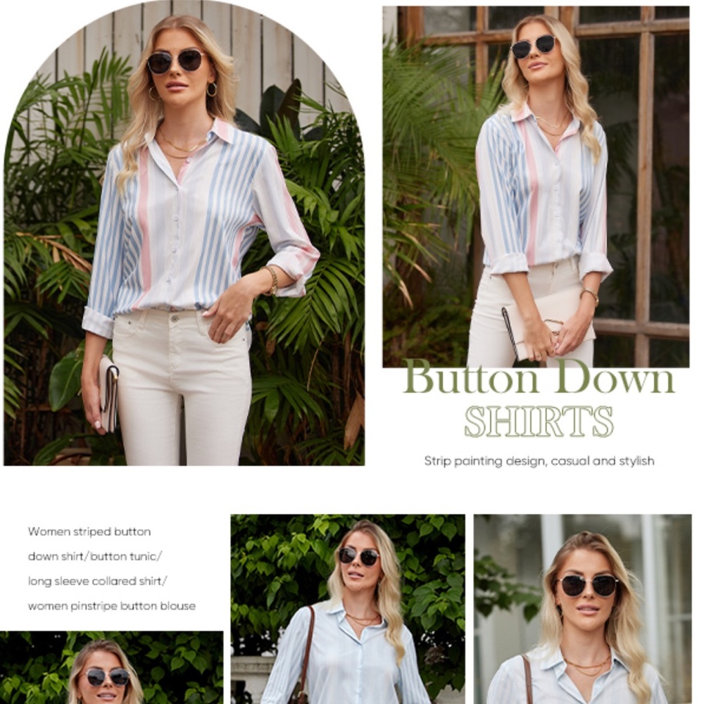 Women’s Long Sleeve Loose-fit Striped Button Down Dress Shirt